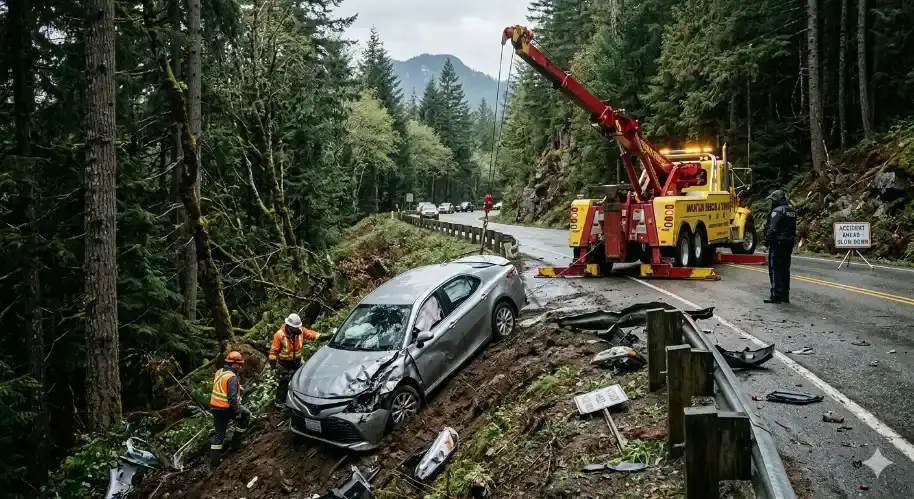 A heavy-duty crane tow truck recovering a smashed silver sedan that went off the road into a steep, forested ditch along a mountain highway.