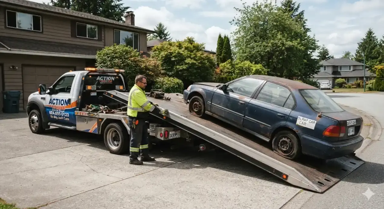 A flatbed tow truck operator in a high-visibility jacket loading a rusty, scrap sedan from a residential driveway in a quiet neighborhood.