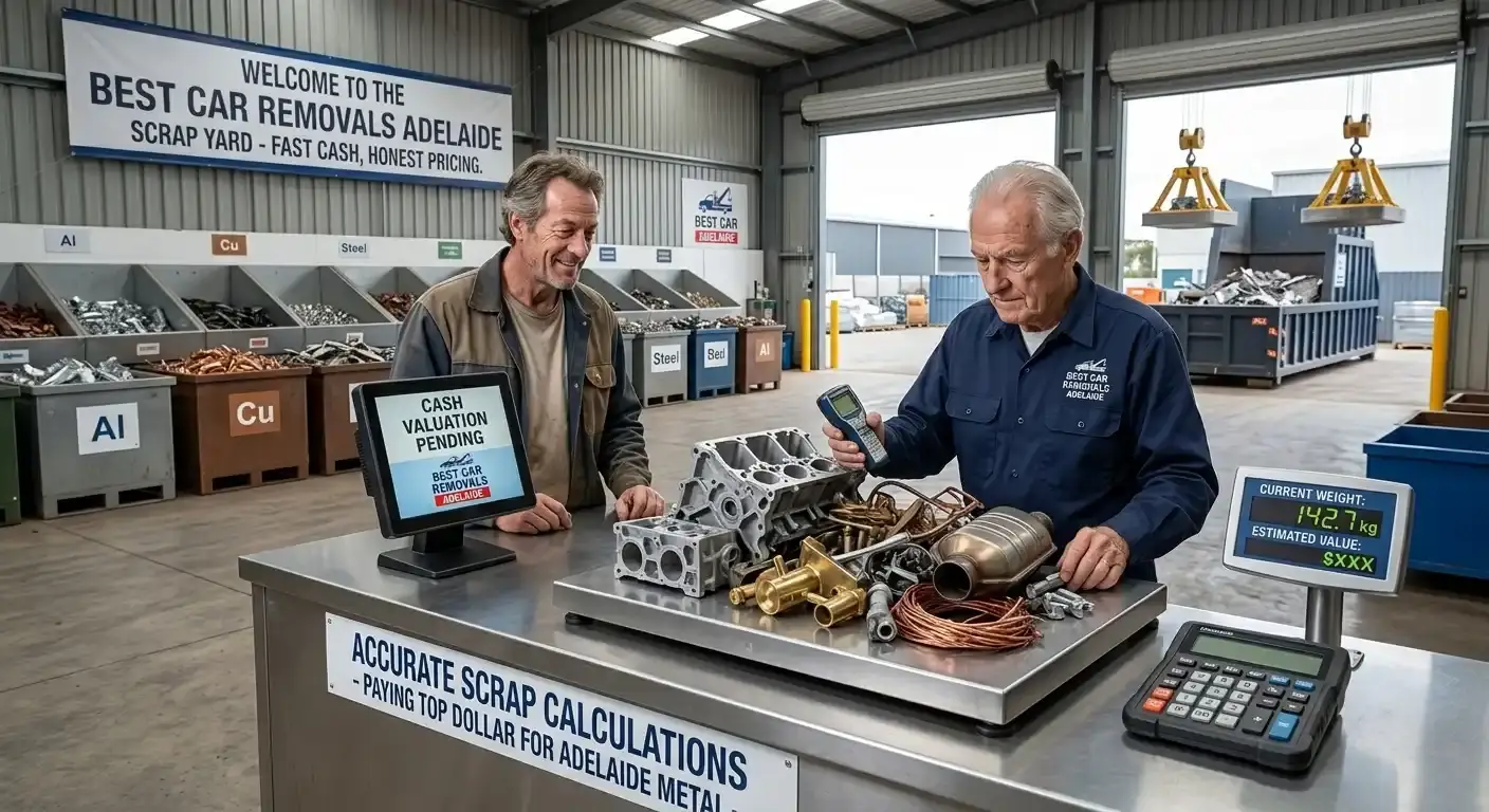 An elderly recycling yard worker inspects automotive scrap parts, including an engine block, catalytic converter, and copper coils, on a large platform scale. A customer looks on with a smile, waiting for his payout. A sign in the background reads "Welcome to the Best Car Removals Adelaide Scrap Yard - Fast Cash, Honest Pricing."