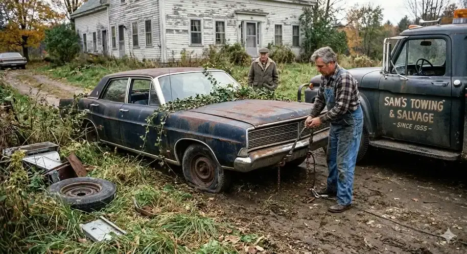 Two tow truck operators loading a rusty, abandoned green vintage sedan onto a yellow flatbed truck in a rural farm setting with an old barn backdrop.