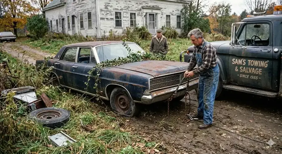 Two tow truck operators loading a rusty, abandoned green vintage sedan onto a yellow flatbed truck in a rural farm setting with an old barn backdrop.