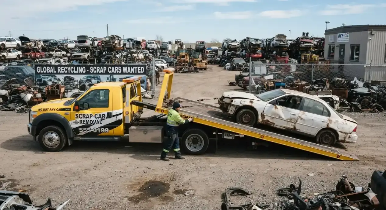 A yellow flatbed tow truck with "Scrap Car Removal" branding loading a damaged, white scrap sedan inside a large wrecking yard filled with stacked vehicles.