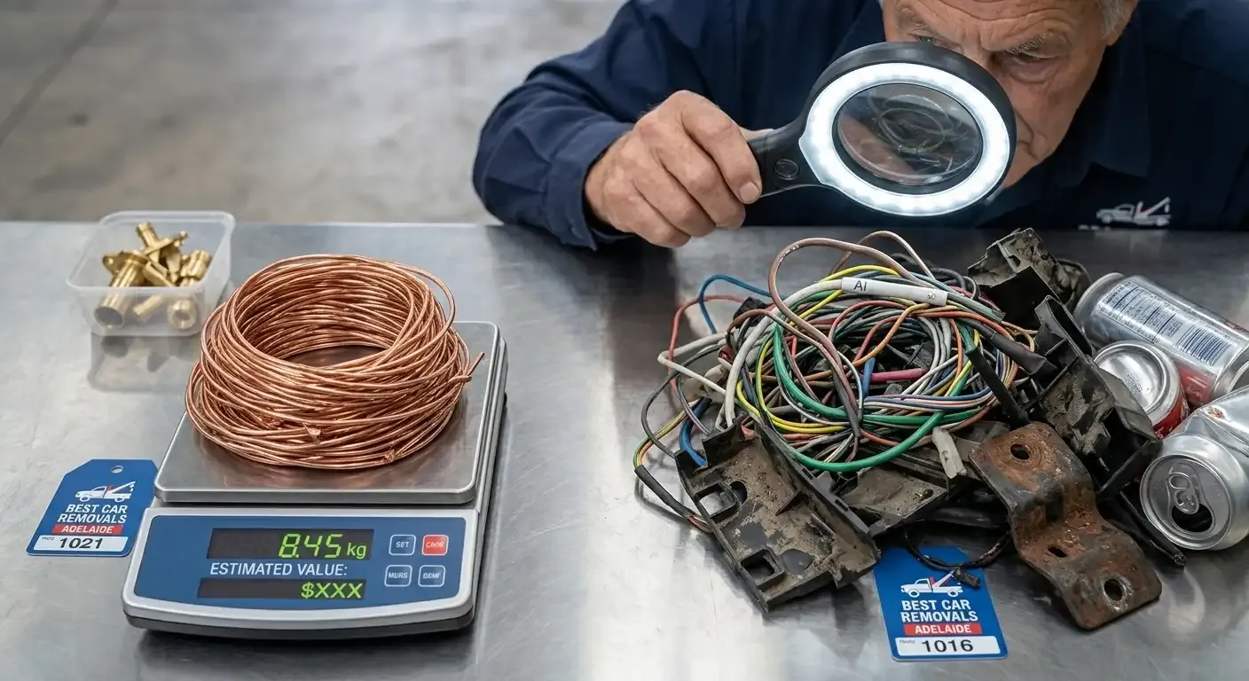 A close-up shot shows a recycling yard worker peer through a lighted magnifying glass at a messy, unsorted pile of old wires, dirty plastic parts, and aluminum cans. Next to it sits a clean, neatly coiled bundle of high-value copper wire placed on a digital scale showing an estimated price evaluation.