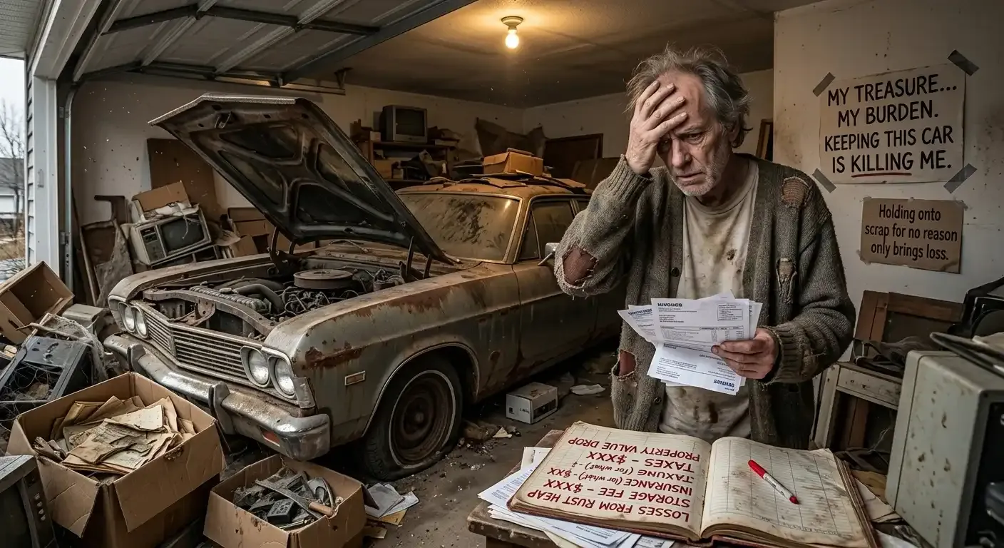 An anxious, elderly man holds his head in distress while reviewing piling bills inside a heavily cluttered garage. Behind him sits a severely rusted, decaying classic car with its hood propped open. A large ledger on the table details mounting financial losses, while handwritten notes on the wall read “My Treasure… My Burden. Keeping this car is killing me.”
